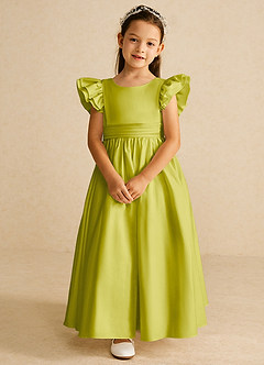 Azazie Piglette vestidos de niña de las flores Vestido de Hierba De Limón de Satin Mate de Corte en A con Lazo image4