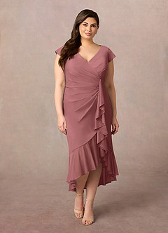 Azazie Renetta Final Sale Desert Rose Sheath V-Neck Pleated Mesh Dress image8