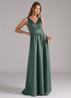 Azazie Kora At-home Try On Dresses Dusty Blue A-Line Pleated Stretch Satin Dress image3