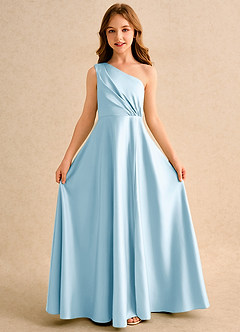 Azazie Puddles Girls Formal Flower Girl Dresses Sky Blue A-Line One Shoulder Matte Satin Dress image5