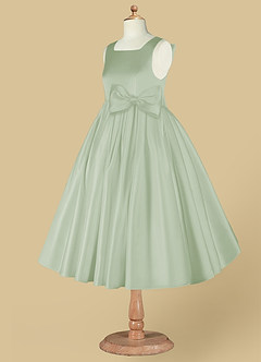 Azazie Bo Peep Robe Demoiselle D'honneur Fillette Robe Trapèze en Mat Satiné Arc Vert Sauge image9