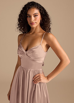 Azazie Zeya Bridesmaid Dresses Taupe A-Line Pleated Metallic Satin Dress image3