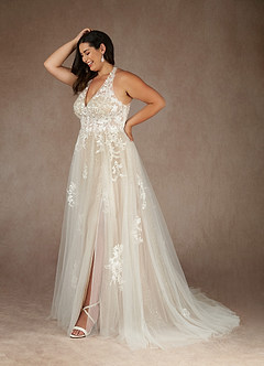 Azazie Dysis Wedding Dresses Diamond White Nude A-Line Halter Sequins Tulle Dress image8