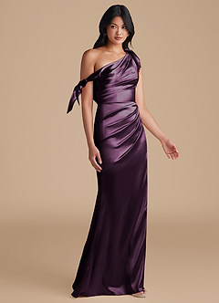 Azazie Xyla Bridesmaid Dresses Plum Sheath Off the Shoulder Metallic Satin Convertible Dress image7