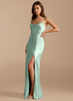 Azazie Erma Bridesmaid Dresses Agave A-Line Side Slit Metallic Satin Dress image4