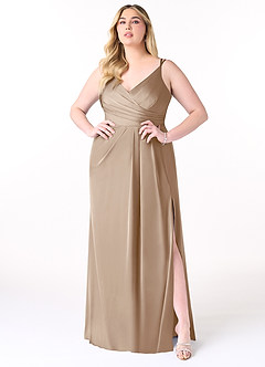 Azazie Aqua Vestidos de damas de honor Vestido de Gris Pardo de Satén Elástico de Corte en A con Cuello en V plisado image8