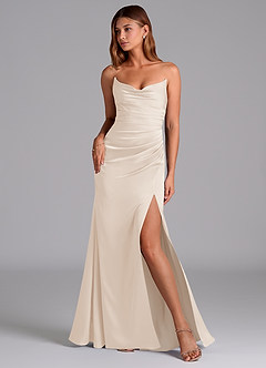 Azazie Claudelle Brautjungfernkleider Meerjungfrau-Linie Schulterfrei Stretch-Satin Kleid Alabaster Weiß image1