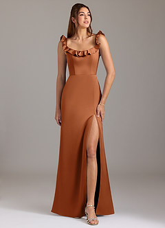 Azazie Callie Bridesmaid Dresses Copper A-Line Ruched Stretch Satin Convertible Dress image1