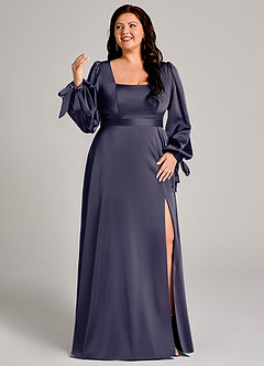 Azazie Leonia Abiti da Damigella Abito A-Line in Raso Elasticizzato Manica Lunga Stormy image10