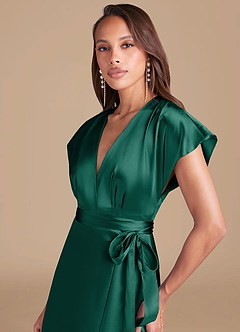 Azazie Nico Bridesmaid Dresses Emerald A-Line Pleated Metallic Satin Dress image2