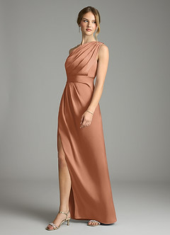 Azazie Emorie Venta Final Vestido de Bronceador de Satén Elástico de Corte Recto con Hombro unilateral image3