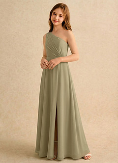 Azazie Puddles Girls Formal Abiti da Ragazza di Fiori Abito A-Line in Chiffon Monospalla Verde Muschio image4