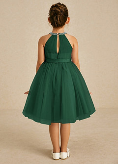Azazie Honey Flower Girl Dresses Dark Green A-Line Beaded Matte Satin Dress image2