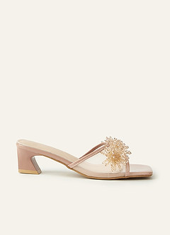 front Blush Patent & Mesh Crystal Bead Block Heel Mules