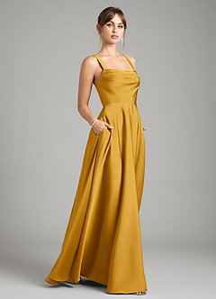Azazie Shaude Bridesmaid Dresses Butterscotch A-Line Pleated Stretch Satin Dress image6