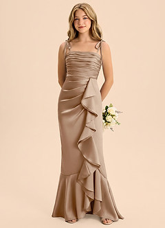 Azazie Ryan Junior Taupe Sheath Bow Stretch Satin Dress image5