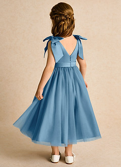 Azazie Serene Abiti da Ragazza di Fiori Abito Principessa in Raso Opaco Fiocco Blu Acciaio image3