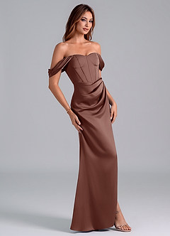 Azazie Asha Jurken voor bruidsmeisjes Converteerbaar Jurk van Stretch Satijn met Kolom Off the Shoulder Espresso image3