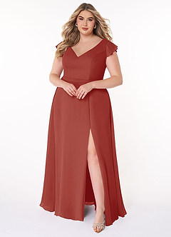 Azazie Claudine Bridesmaid Dresses Terracotta A-Line Flutter Sleeve Chiffon Dress image7