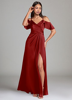 Azazie Dakota Bridesmaid Dresses Pomegranate A-Line Off the Shoulder Stretch Satin Dress image4