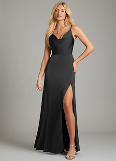 Azazie Sarella Bridesmaid Dresses Black A-Line Pleated Stretch Satin Dress image4