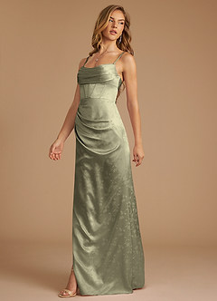 Azazie Mai Bridesmaid Dresses Olive Floral Jacquard Sheath Pleated Floral Jacquard Dress image4