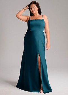 Azazie Lidia Bridesmaid Dresses Ink Blue Mermaid Side Slit Stretch Satin Dress image8