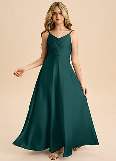 Azazie Bug Junior Linia A Pofałdowany Satyna elastyczna Długość podłogi Młodsza druhna Sukienka image2