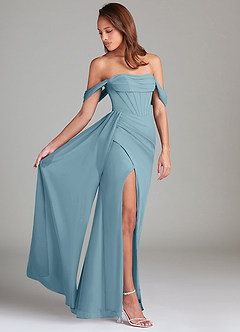 Azazie Amyra Bridesmaid Dresses Moody Blue Sheath Off the Shoulder Chiffon Convertible Dress image2