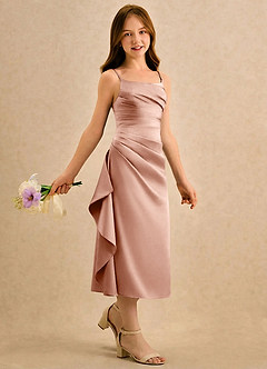 Azazie Canna Girls Formal Blomsterpigekjoler A-Line Plisseret Stræk satin Te-længde Kjole image3