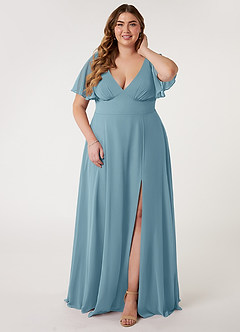 Azazie Kimber Bridesmaid Dresses Moody Blue A-Line Flounce Sleeve Chiffon Dress image6