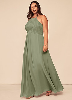 Azazie Ginger At-home Try On Dresses Dusty Sage A-Line Halter Pleated Chiffon Dress image9