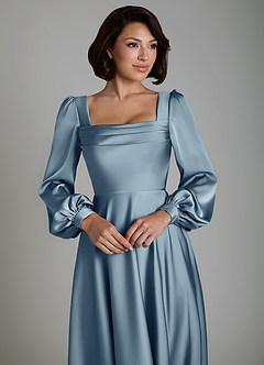 Azazie Solana Bridesmaid Dresses Dusty Blue A-Line Long Sleeve Stretch Satin Dress image3