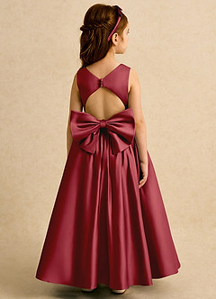 Azazie Nellia Blumenmädchenkleider A-Linie Schleifen Matte Satin Kleid Granatapfelrot image6