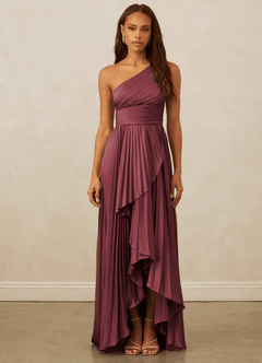 Christian Siriano Bridal for Azazie 1008 Bridesmaid Dresses Merlot A-Line One Shoulder Stretch Satin Dress image1