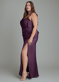 Azazie Jessamine Bridesmaid Dresses Plum Sheath Corset Stretch Satin Dress image13