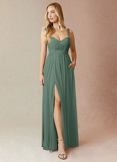 Azazie Reniya Bridesmaid Dresses Eucalyptus A-Line Pleated Mesh Convertible Dress image1