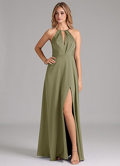 Azazie Evalleen Final Sale Pistachio A-Line Pleated Stretch Satin Dress image1