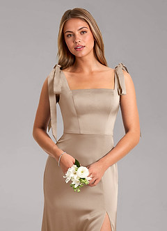 Azazie Frostine Bridesmaid Dresses Taupe A-Line Bow Stretch Satin Dress image4