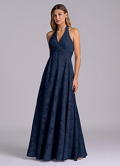 Azazie Tessie Brudtärnklänningar Klä av A-Linje i Blommig Utbrändhet Plisserad Mörk Marinblå image3