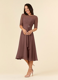 Azazie Naomi Mother of the Bride Dresses Espresso A-Line Boatneck Pleated Chiffon Dress image3