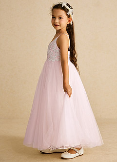 Azazie Buttercup Robe Demoiselle D'honneur Fillette Robe Trapèze en Tulle Dentelle Ivoire Rose Rougissant image2