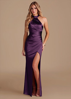 Azazie Karlotta Bridesmaid Dresses Plum Sheath Pleated Metallic Satin Dress image1