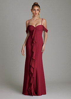 Azazie Karmela Bridesmaid Dresses Burgundy A-Line Off the Shoulder Chiffon Dress image4