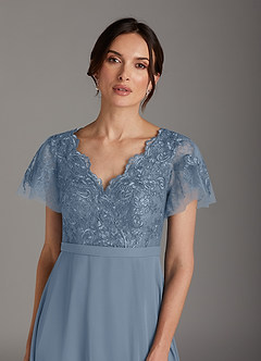 Azazie Singer Mother of the Bride Dresses Dusty Blue A-Line V-Neck Lace Chiffon Dress image6
