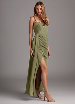 Azazie Bona Schlussverkauf A-Linie V-Hals Gefaltet Stretch-Satin Kleid Pistazie image2