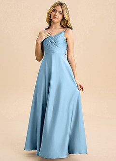 Azazie Bug Junior A라인 주름진 스트레치 새틴 플로어 길이 주니어 신부 들러리 드레스 image3