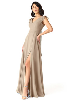 Azazie Claudine Bridesmaid Dresses Taupe A-Line Flutter Sleeve Chiffon Dress image3