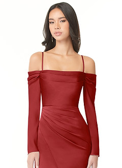 Azazie Hallie Bridesmaid Dresses Pomegranate Sheath Off-The-Shoulder Long Sleeve Stretch Satin Convertible Dress image2