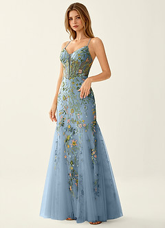 Linnea Stahlblau Meerjungfrauen-Abendkleid aus Spitze mit V-Ausschnitt image4